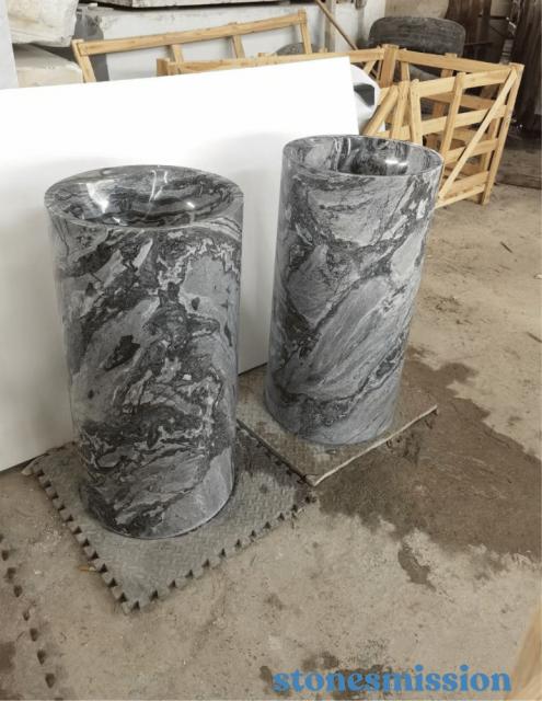 Stones mission.com,Marble Washbasin with Grey Veins and Column Design,Xiamen Stones Mission Co.,Ltd,Marble Washbasin with Grey Veins and Column Design