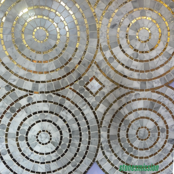 Stones mission.com,Circular Pattern with Gold Accents Marble Mosaic Tiles,Xiamen Stones Mission Co.,Ltd,Circular Pattern with Gold Accents Marble Mosaic Tiles