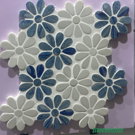 Stones mission.com,Floral shaped Blue and White Marble Mosaic Tiles,Xiamen Stones Mission Co.,Ltd,Floral shaped Blue and White Marble Mosaic Tiles