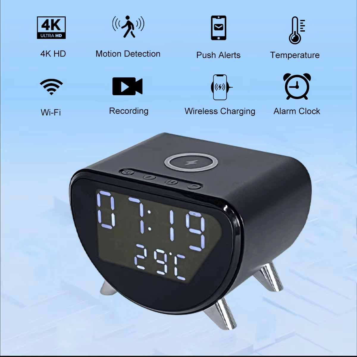 4K HD WiFi Mini Camera Clock | Wireless Charging, Remote View, Motion Detection, App, Recording for Home Security & Surveillance Hidden Camera,CCTV Camera | IP Network Camera | Hidden Camera | Spy Camera | Mini Camera | Clock Camera | USB Wall Charger Camera | DIY Module Camera | Car Keychain Camera | Pen Camera | Watch Camera | Hat Camera | Power Bank Camera | Glasses Camera | WiFi Camera,5 in 1 (Time, Alarm,Temperature,Wireless Charger, Video Recording)