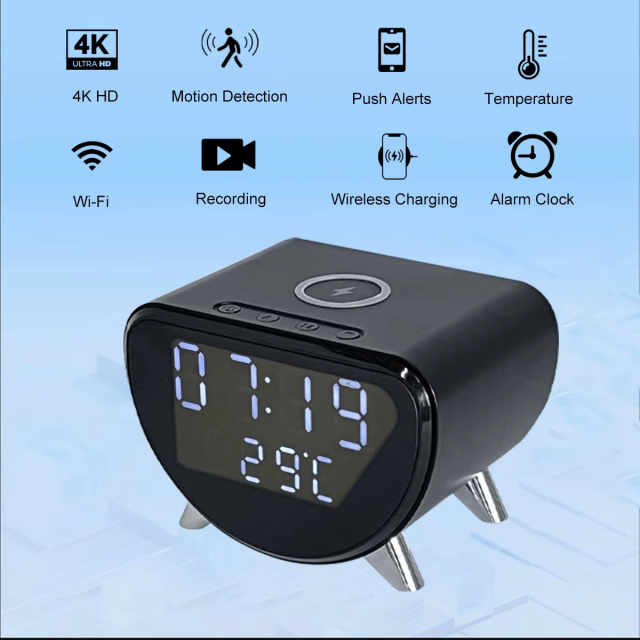 4K HD WiFi Mini Camera Clock | Wireless Charging, Remote View, Motion Detection, App, Recording for Home Security & Surveillance Hidden Camera,CCTV Camera | IP Network Camera | Hidden Camera | Spy Camera | Mini Camera | Clock Camera | USB Wall Charger Camera | DIY Module Camera | Car Keychain Camera | Pen Camera | Watch Camera | Hat Camera | Power Bank Camera | Glasses Camera | WiFi Camera,5 in 1 (Time, Alarm,Temperature,Wireless Charger, Video Recording)