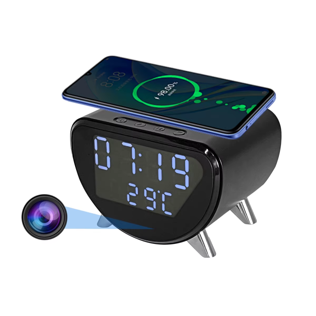 4K HD WiFi Mini Camera Clock | Wireless Charging, Remote View, Motion Detection, App, Recording for Home Security & Surveillance Hidden Camera,CCTV Camera | IP Network Camera | Hidden Camera | Spy Camera | Mini Camera | Clock Camera | USB Wall Charger Camera | DIY Module Camera | Car Keychain Camera | Pen Camera | Watch Camera | Hat Camera | Power Bank Camera | Glasses Camera | WiFi Camera,5 in 1 (Time, Alarm,Temperature,Wireless Charger, Video Recording)