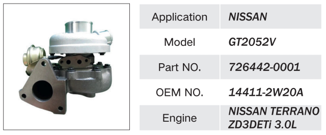 NISSAN ZD3DETI 3.0L ENGINE TURBOCHARGER 14411-2W20A 726442-0001 GT2052V