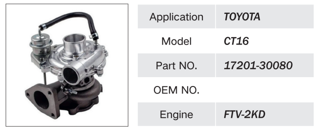 TOYOTA FTV-2KD ENGINE TURBOCHARGER CT16 17201-30080
