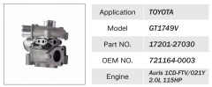 TOYOTA 1CD-FTV 021Y 2.0L 115HP ENGINE TURBOCHARGER 17201-27030 721164-0003
