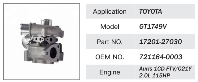 TOYOTA 1CD-FTV 021Y 2.0L 115HP ENGINE TURBOCHARGER 17201-27030 721164-0003