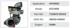 HYUNDAI D4BH ENGINE TURBOCHARGER GT1749S 715843-5001S 28200-42600