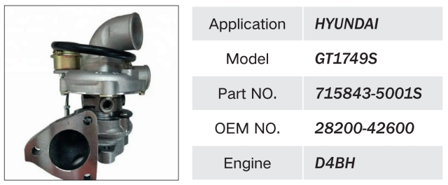 HYUNDAI D4BH ENGINE TURBOCHARGER GT1749S 715843-5001S 28200-42600