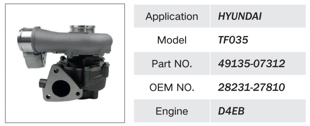 HYUNDAI D4EB ENGINE TURBOCHARGER TF035 49135-07312 28231-27810