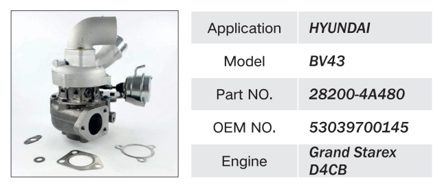 HYUNDAI D4CB ENGINE TURBOCHARGER BV43 28200-4A480 53039700145