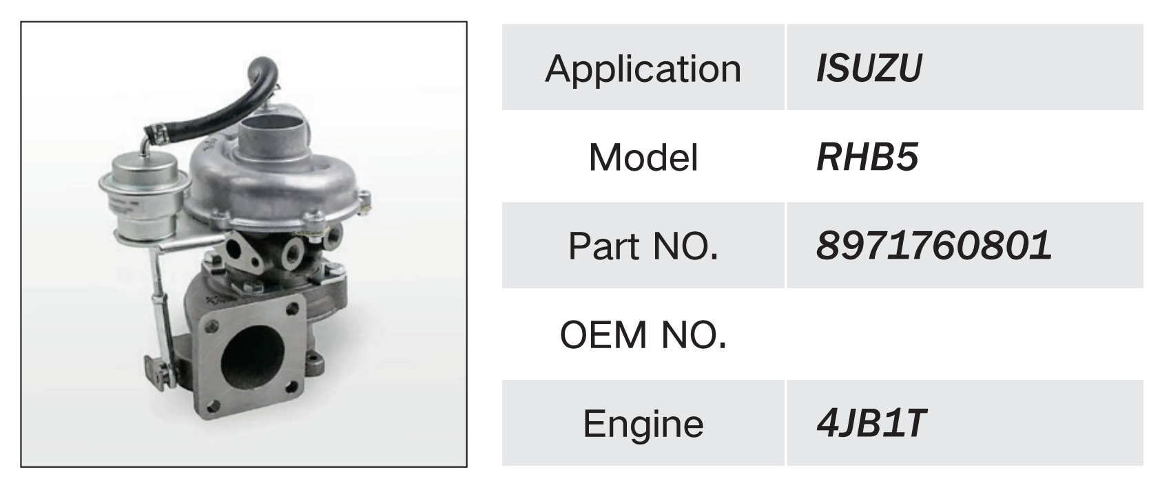 ISUZU 4JB1T ENGINE TURBOCHARGER RHB5 8971760801