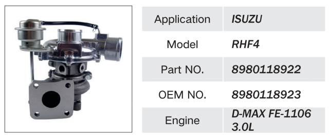 ISUZU D-MAX FE-1106 3.0L ENGINE TURBOCHARGER RHF4 8980118922 8980118923