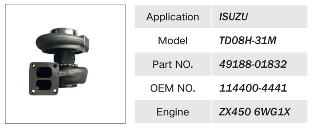 ISUZU ZX450 6WG1 ENGINE TURBOCHARGER TD08H-31M 49188-01832 114400-4441