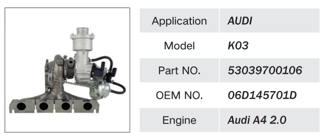 AUDI A4 2.0 ENGINE TURBOCHARGER OEM 53039700106 06D145701D