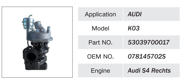 AUDI S4 RECHTS ENGINE TURBOCHARGER OEM 53039700017 078145702S