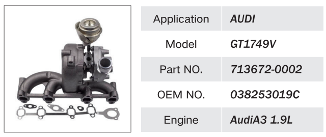 AUDI A3 1.9L ENGINE TURBOCHARGER OEM 713672-0002 038253019C