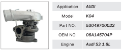 AUDI S3 1.8L ENGINE TURBOCHARGER OEM 53049700022 06A145704P