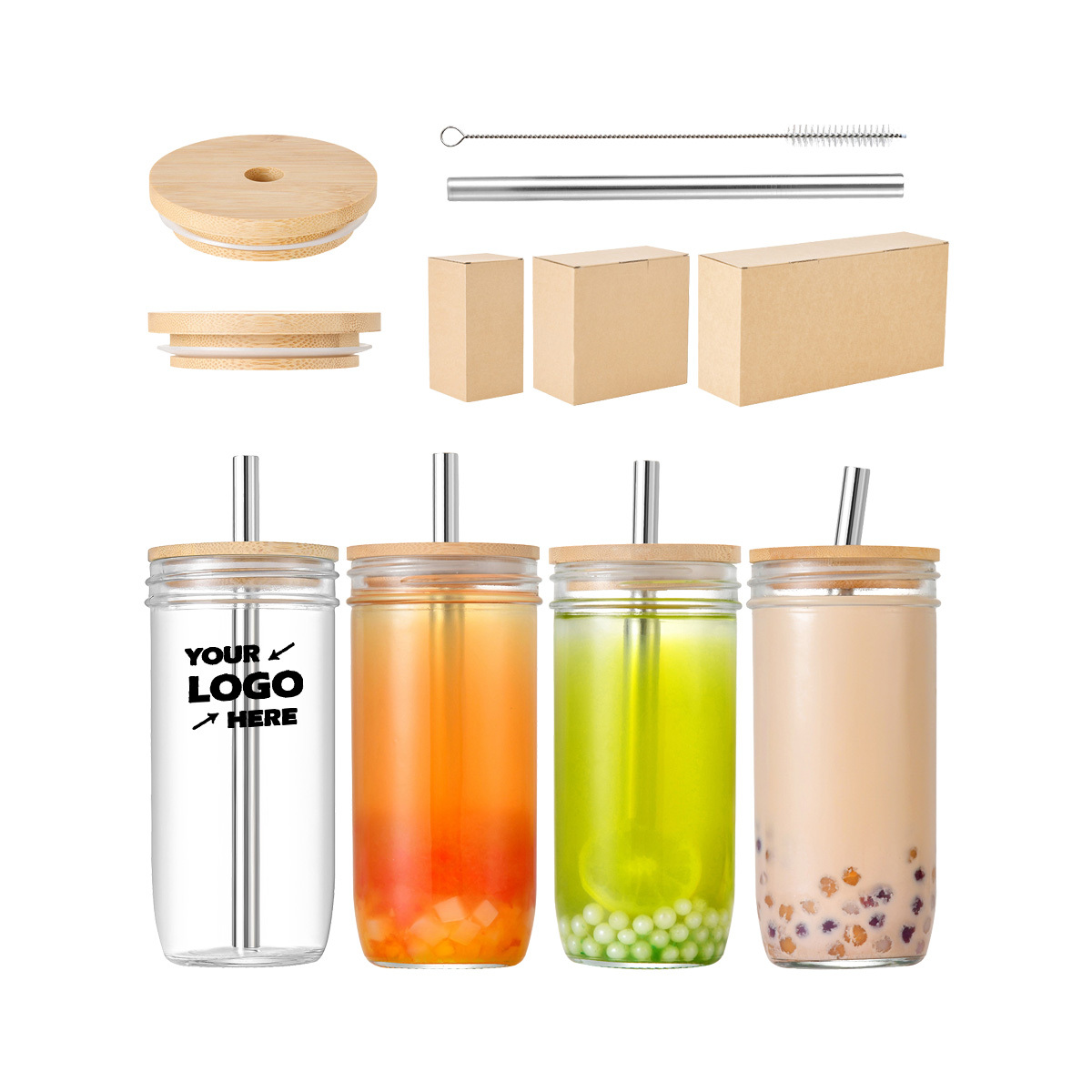 24oz Wide Mouth Glass Tumbler with Bamboo Lid and Straw