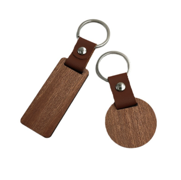 Premium Wooden Keychain with Leather Strap and Brass Ring