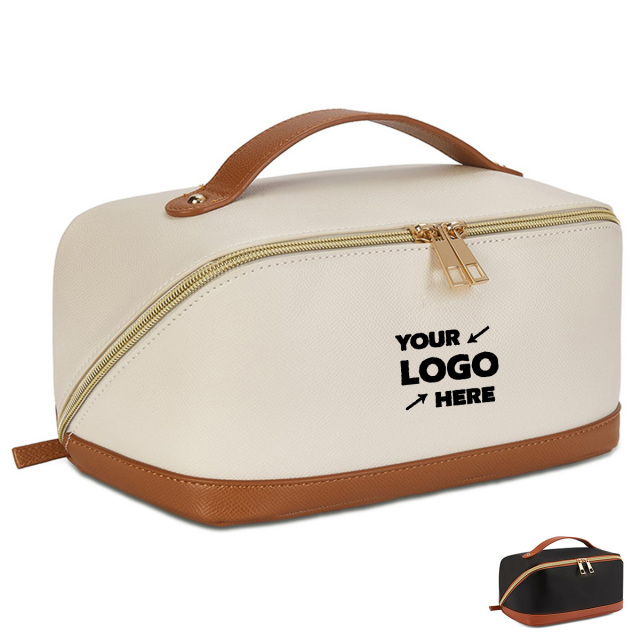 Premium Travel Cosmetic Organizer Bag With Leather Handle