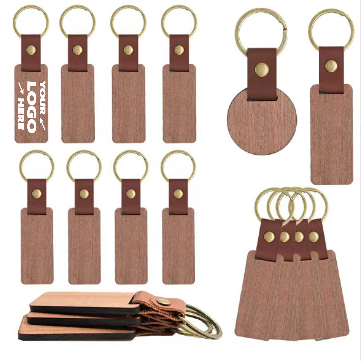 Premium Wooden Keychain with Leather Strap and Brass Ring