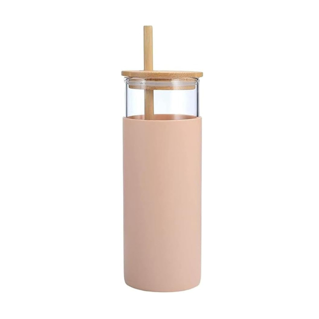 17oz Glass Tumbler With Straw and Bamboo Lid