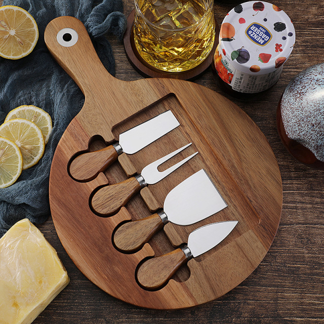 5 pieces Wooden Cutting Board with Cheese Knives Set