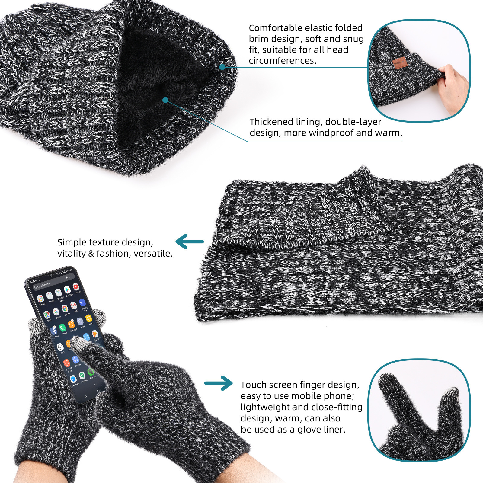 Heather Knitted Scarf Hat Gloves Set