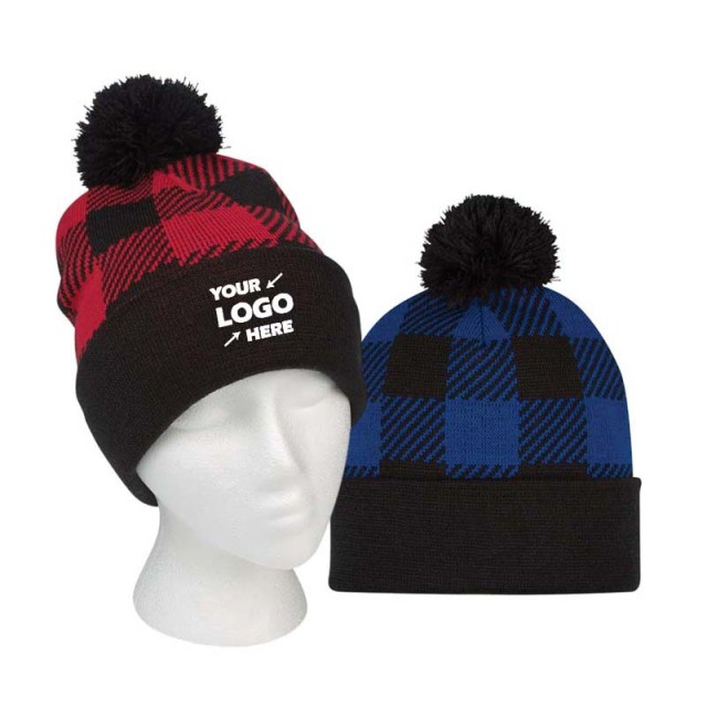 Checkered Color Matching Wool Ball Knitted Hat