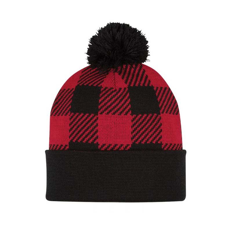 Checkered Color Matching Wool Ball Knitted Hat