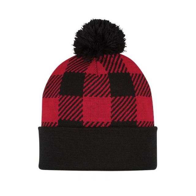 Checkered Color Matching Wool Ball Knitted Hat