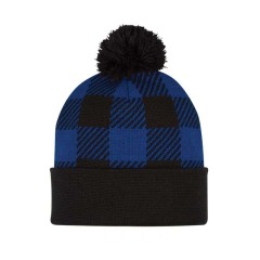 Checkered Color Matching Wool Ball Knitted Hat