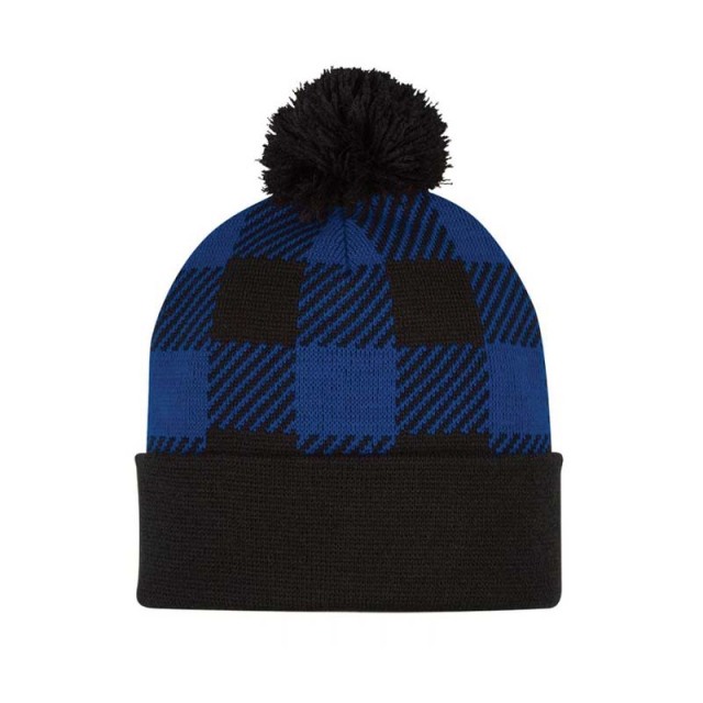 Checkered Color Matching Wool Ball Knitted Hat