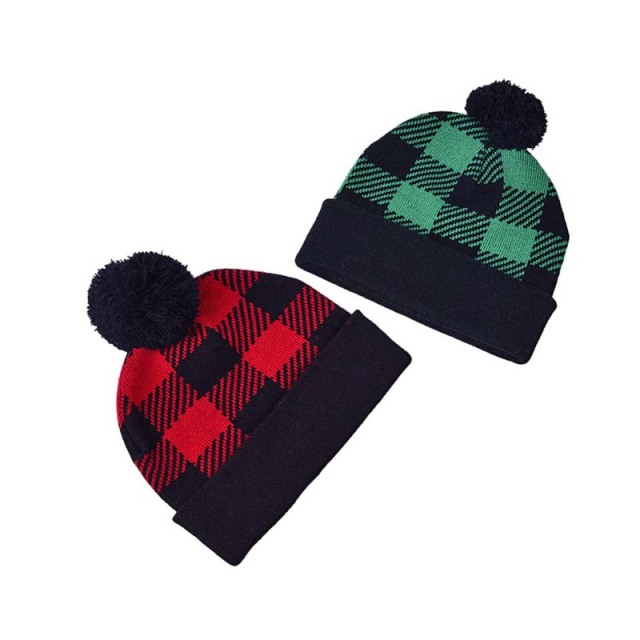 Checkered Color Matching Wool Ball Knitted Hat