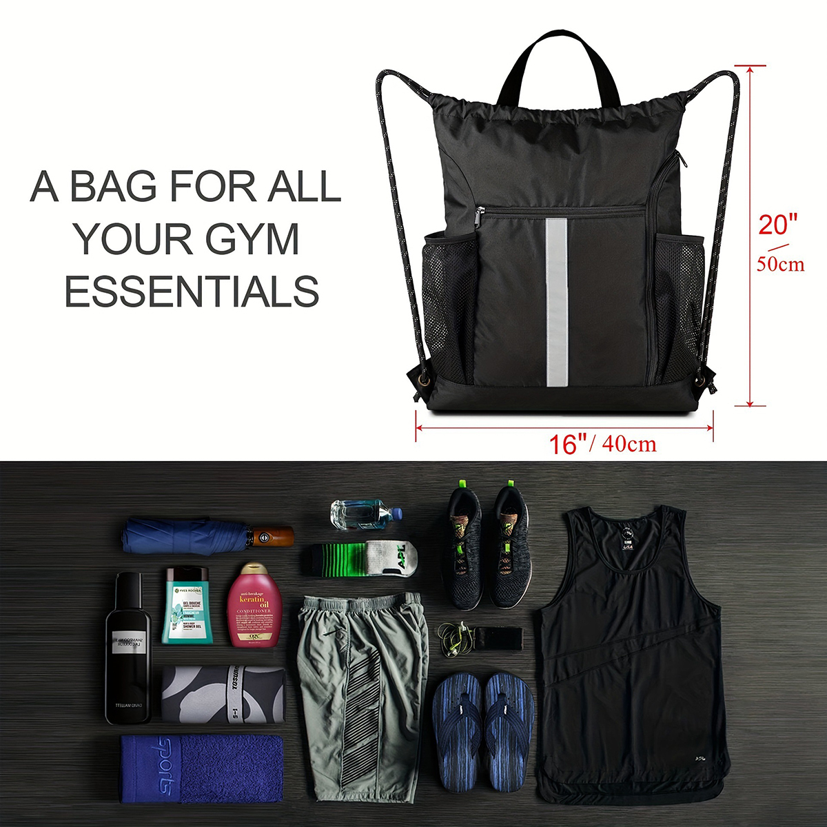 Drawstring Backpack Sports Bag With Shoe Compartment