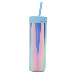 Iridescent Skinny Plastic Tumbler With Straw