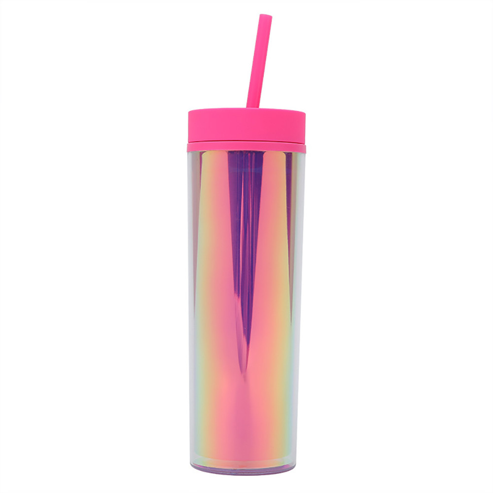 Iridescent Skinny Plastic Tumbler With Straw