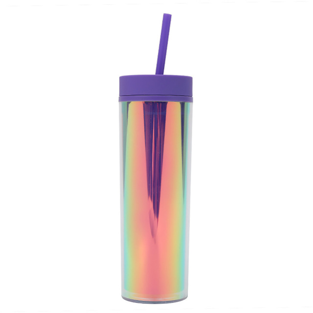 Iridescent Skinny Plastic Tumbler With Straw