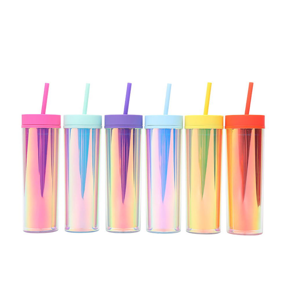Iridescent Skinny Plastic Tumbler With Straw