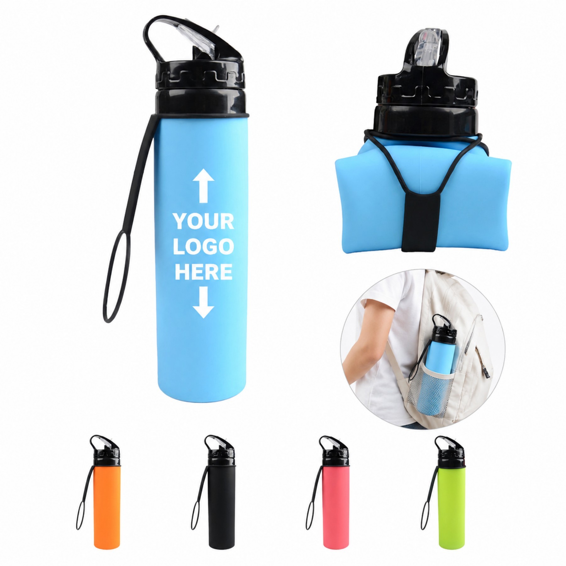 20 oz Collapsible Silicone Straw Bottle with Carabiner