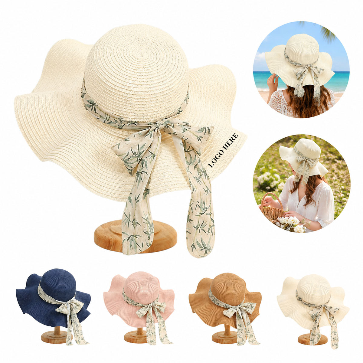 Wide Brim Straw Hat with Ribbon