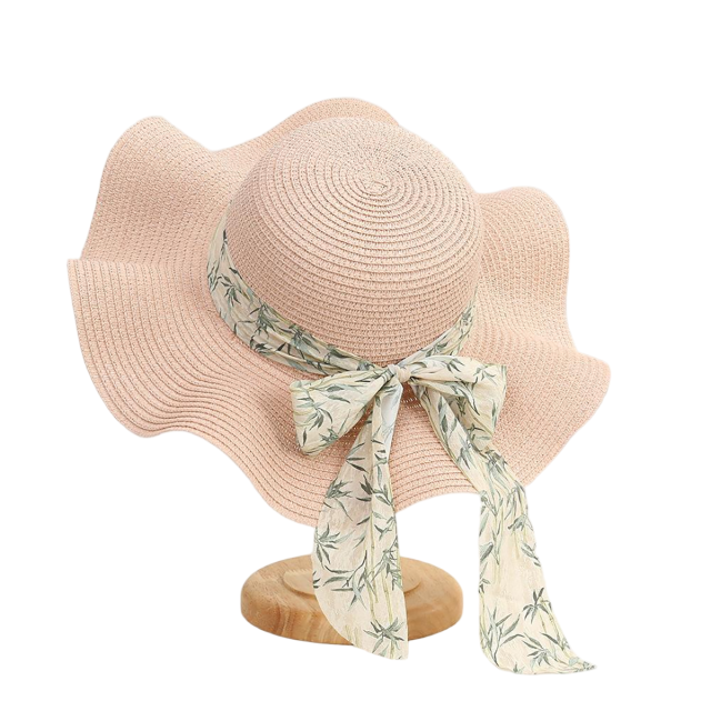 Wide Brim Straw Hat with Ribbon