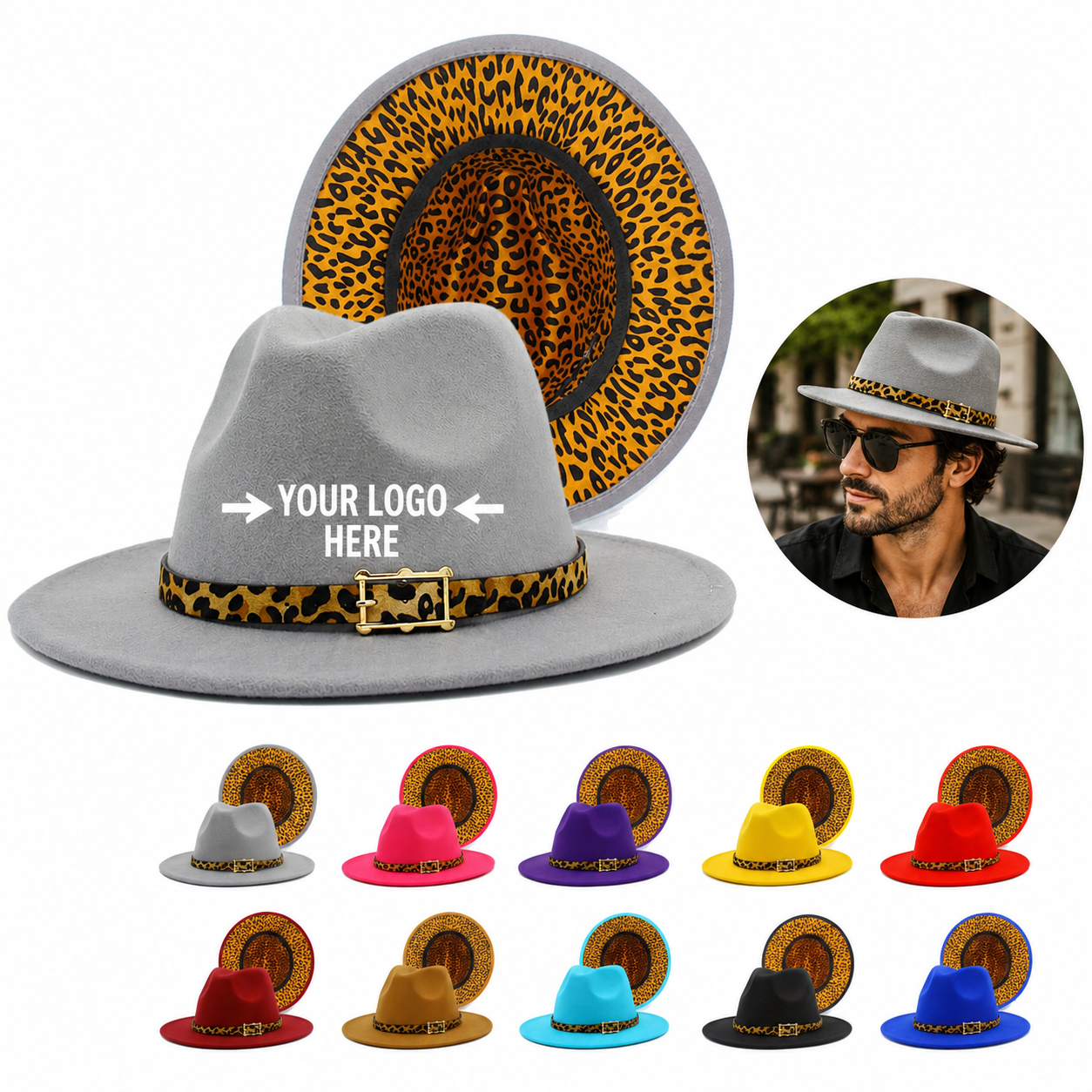 Colorblock Felt Fedora Hat with Leopard Print Band