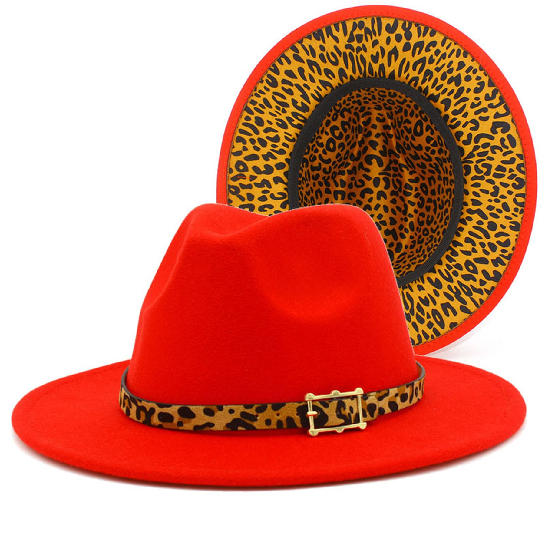 Colorblock Felt Fedora Hat with Leopard Print Band