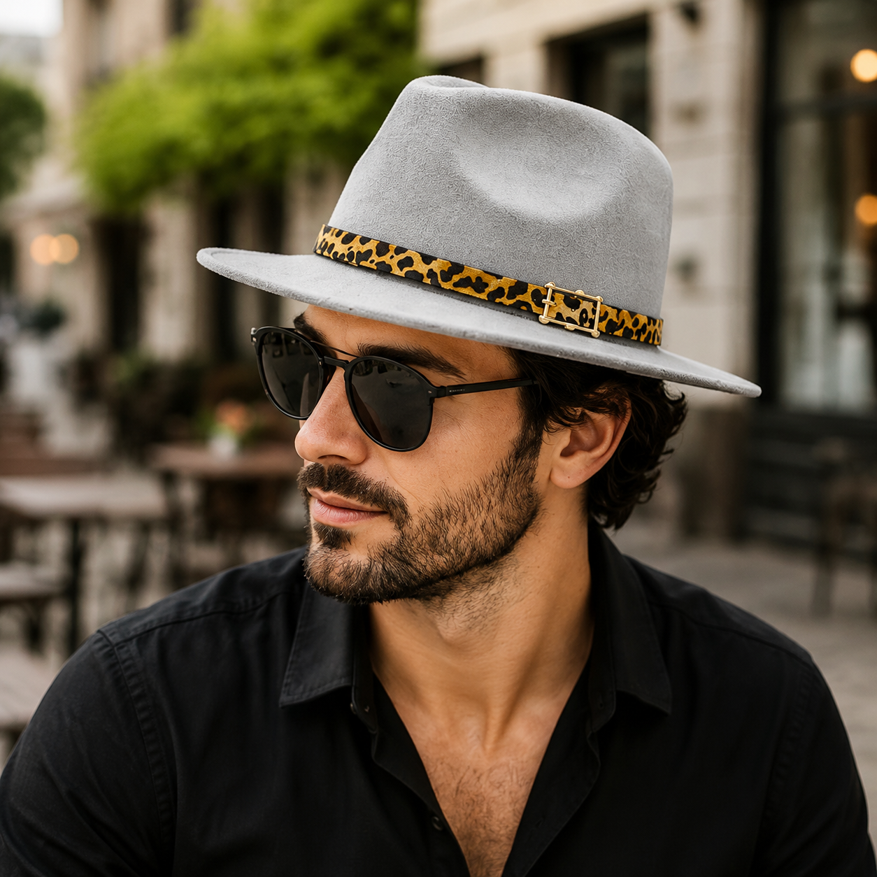 Colorblock Felt Fedora Hat with Leopard Print Band