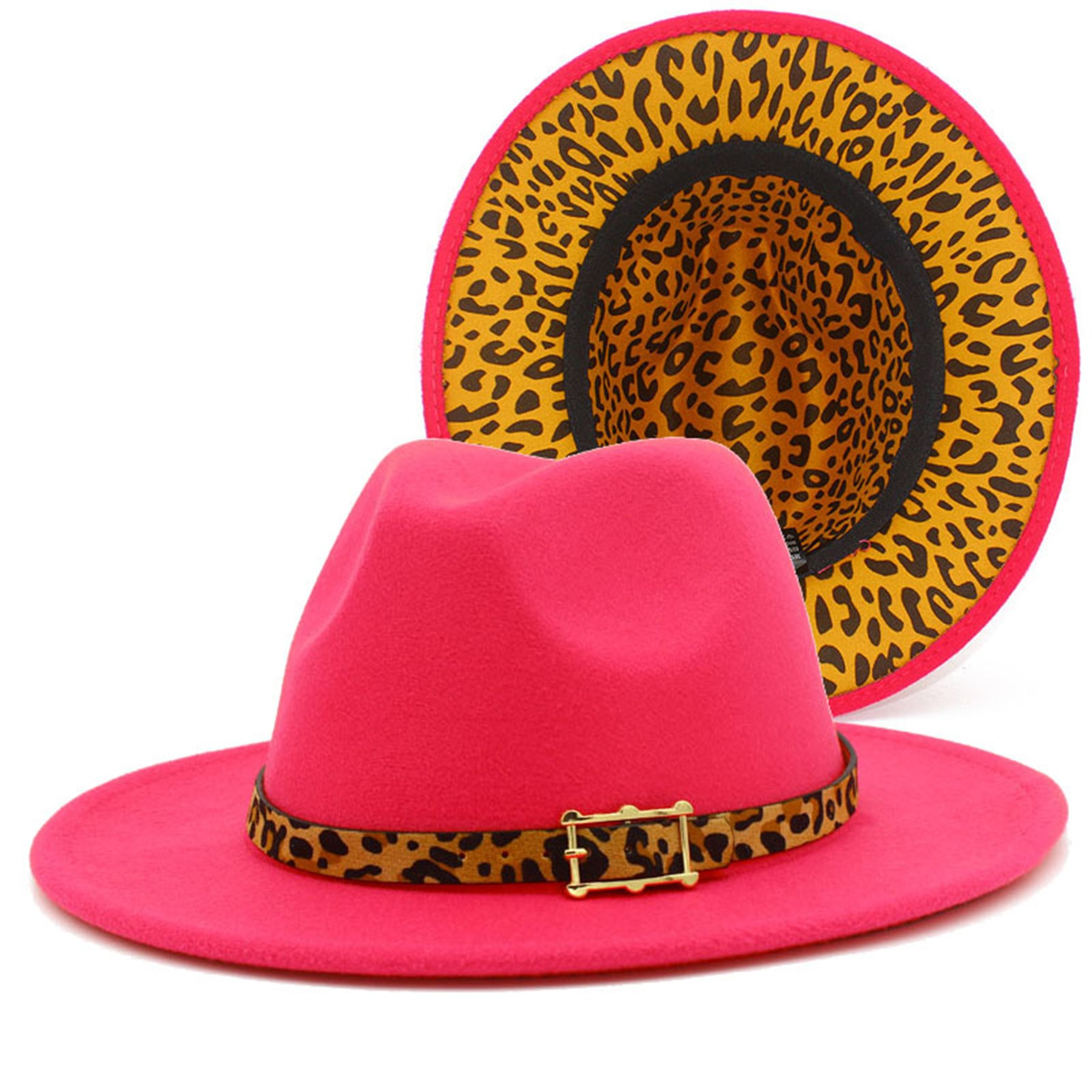 Colorblock Felt Fedora Hat with Leopard Print Band