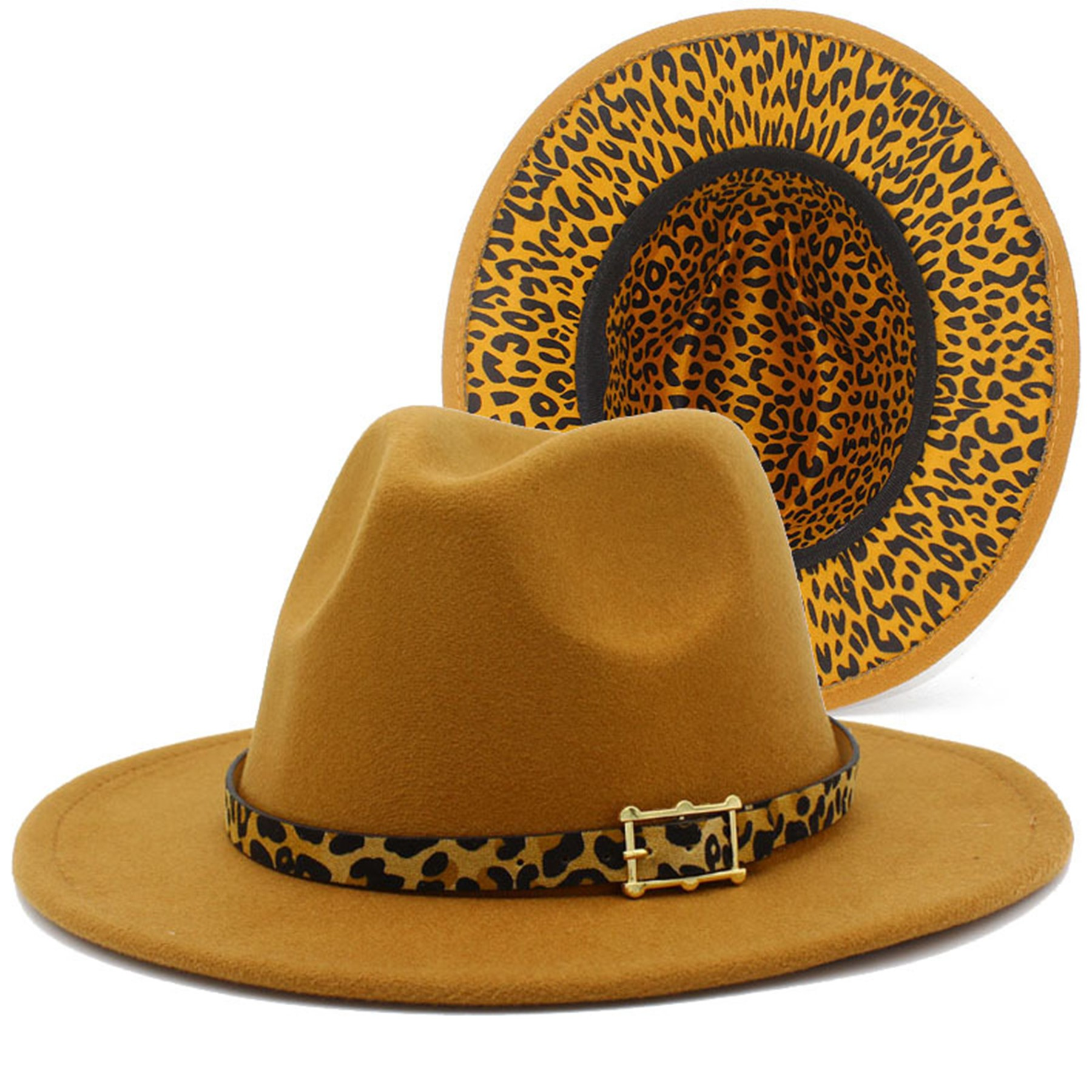 Colorblock Felt Fedora Hat with Leopard Print Band