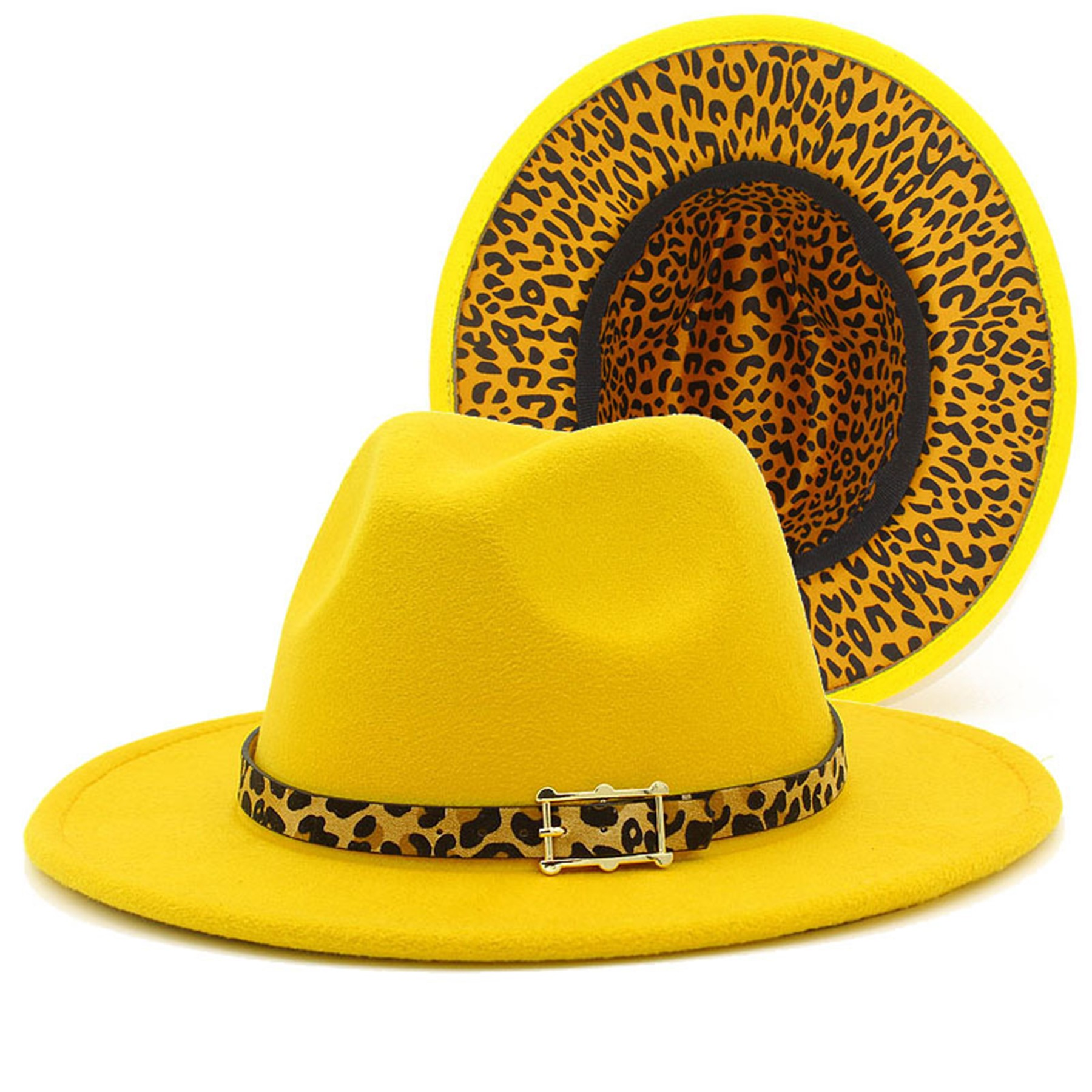 Colorblock Felt Fedora Hat with Leopard Print Band