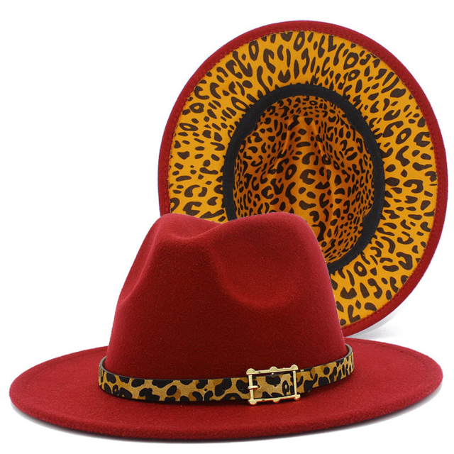 Colorblock Felt Fedora Hat with Leopard Print Band