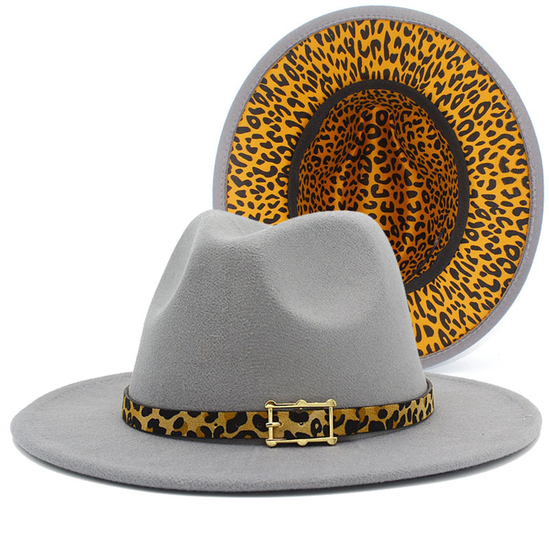 Colorblock Felt Fedora Hat with Leopard Print Band